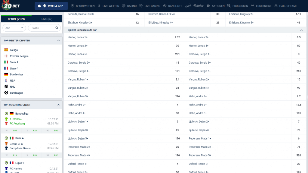 Torschusswetten bei 20Bet