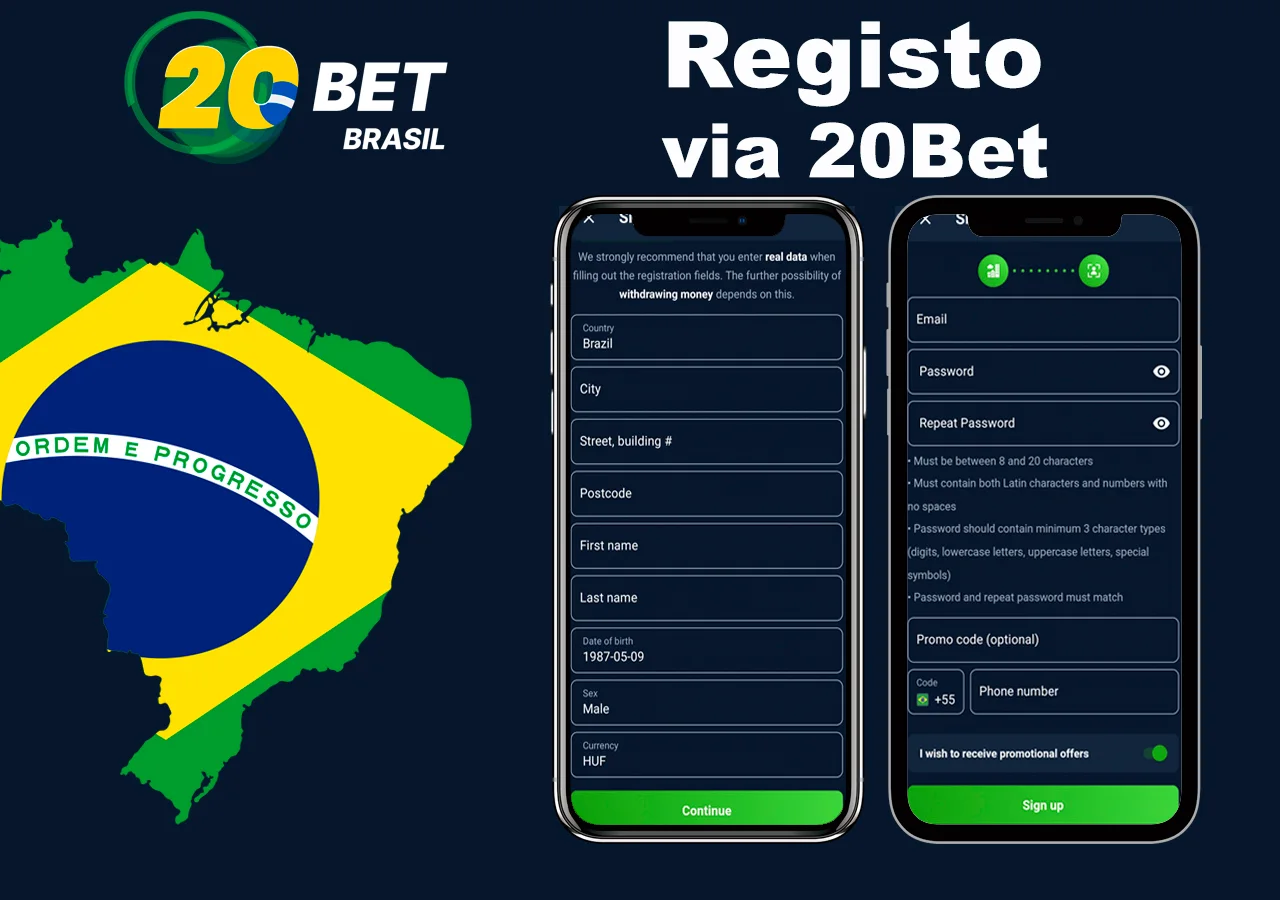 Registo através da oficial aplicação 20Bet