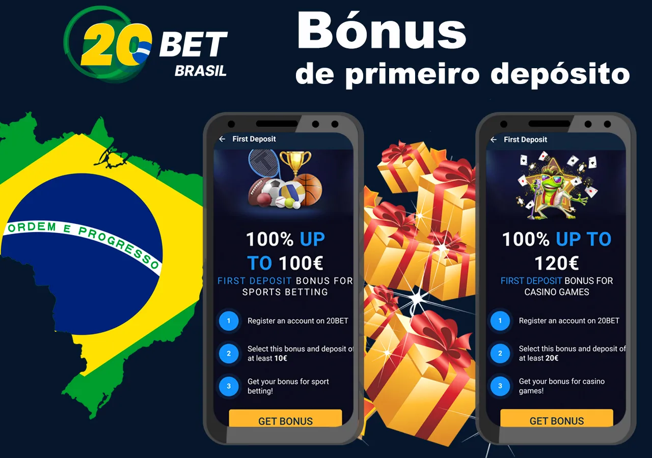 Pacote especial para novos usuários da casa de apostas oficial 20Bet no Brasil.